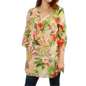 J. Jill Seashell Paradise Tunic Blouse Floral Tropical Pink Womens Small Petite